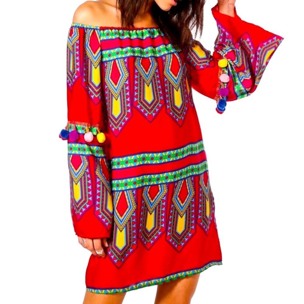 BooHoo Off Shoulder Pom Pom Dress Sz 6